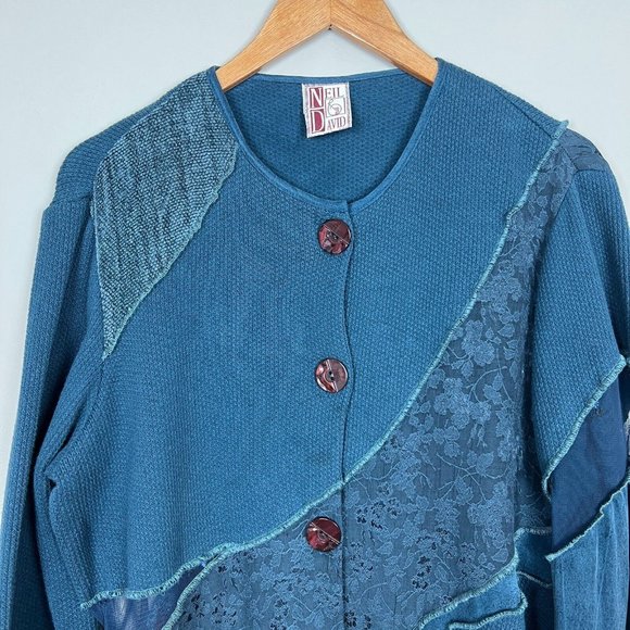 Neil & David Top Women Small Blue Art-to-Wear Thermal Lace Mesh Button Up Topper - Picture 3 of 13